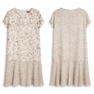 Max Mara Studio Silk Floral Dress Size 10 Cream Drop Waist Ruffle Hem